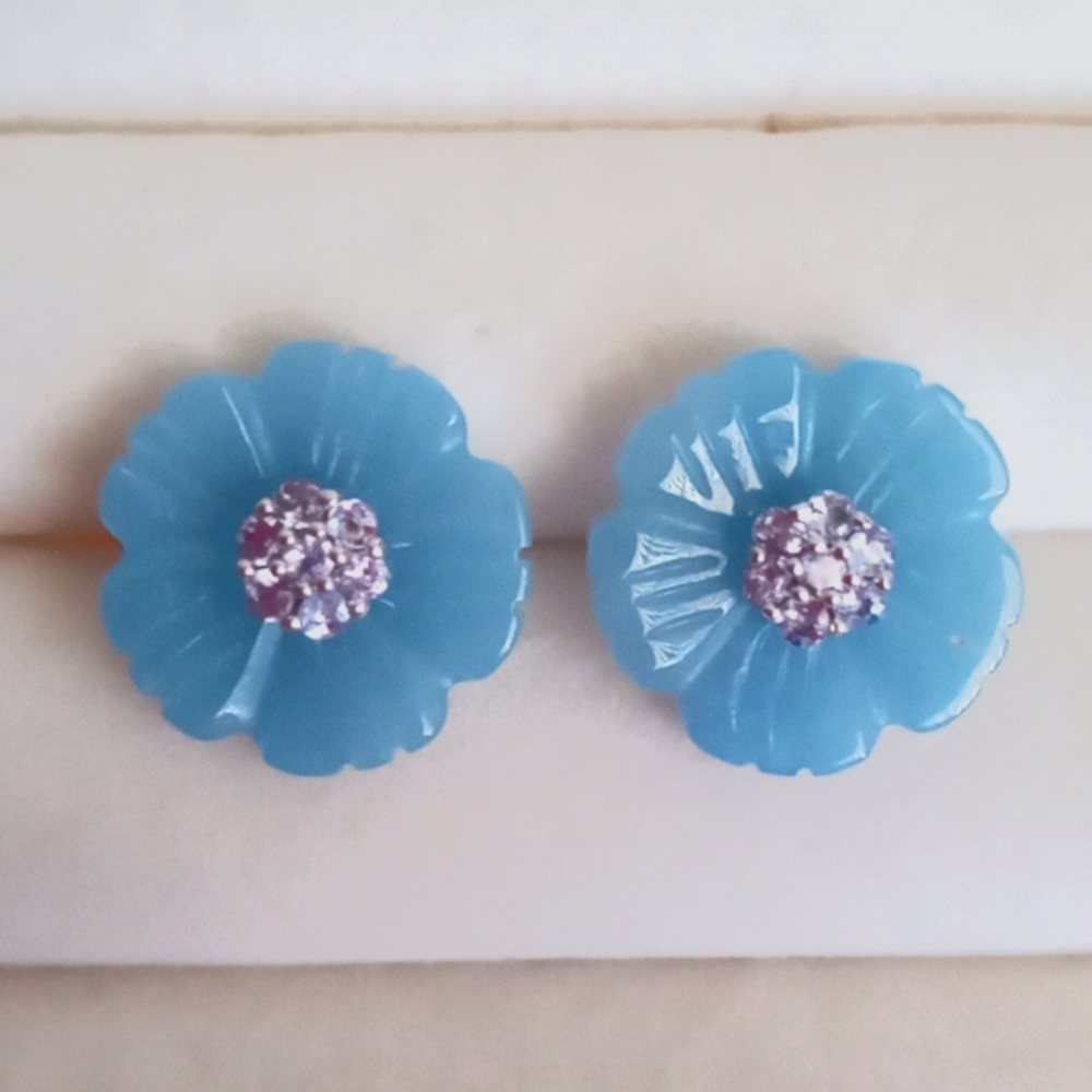 BURMESE BLUE JADE CARVED FLOWER, TANZANITE EARRING'S - Picture 1 of 4
